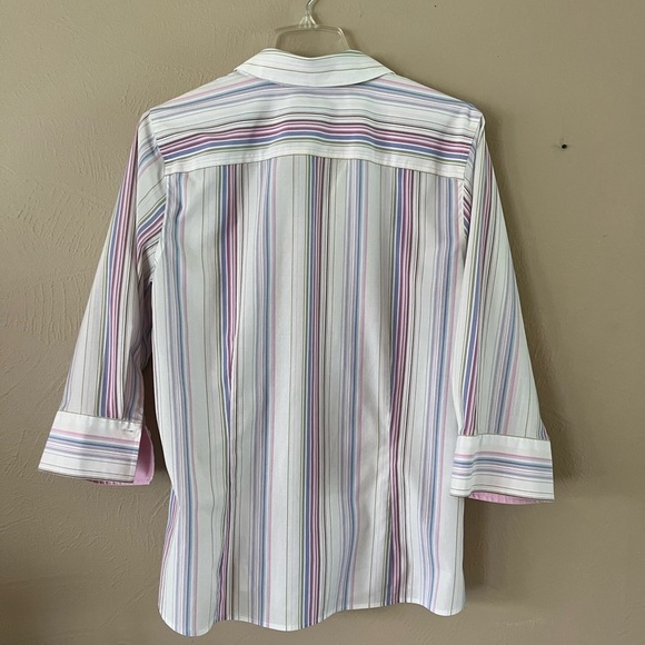 Eddie Bauer Pink and Blue Striped Button Down Blouse 3/4 Sleeves Size Large - Picture 4 of 14